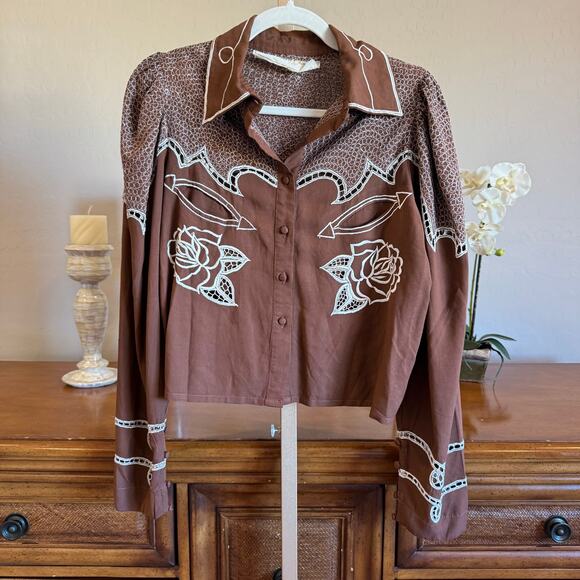 Jen’s Pirate Booty Western Rose Embroidered Blouse Brown Ivory NWOT Small - Picture 2 of 8